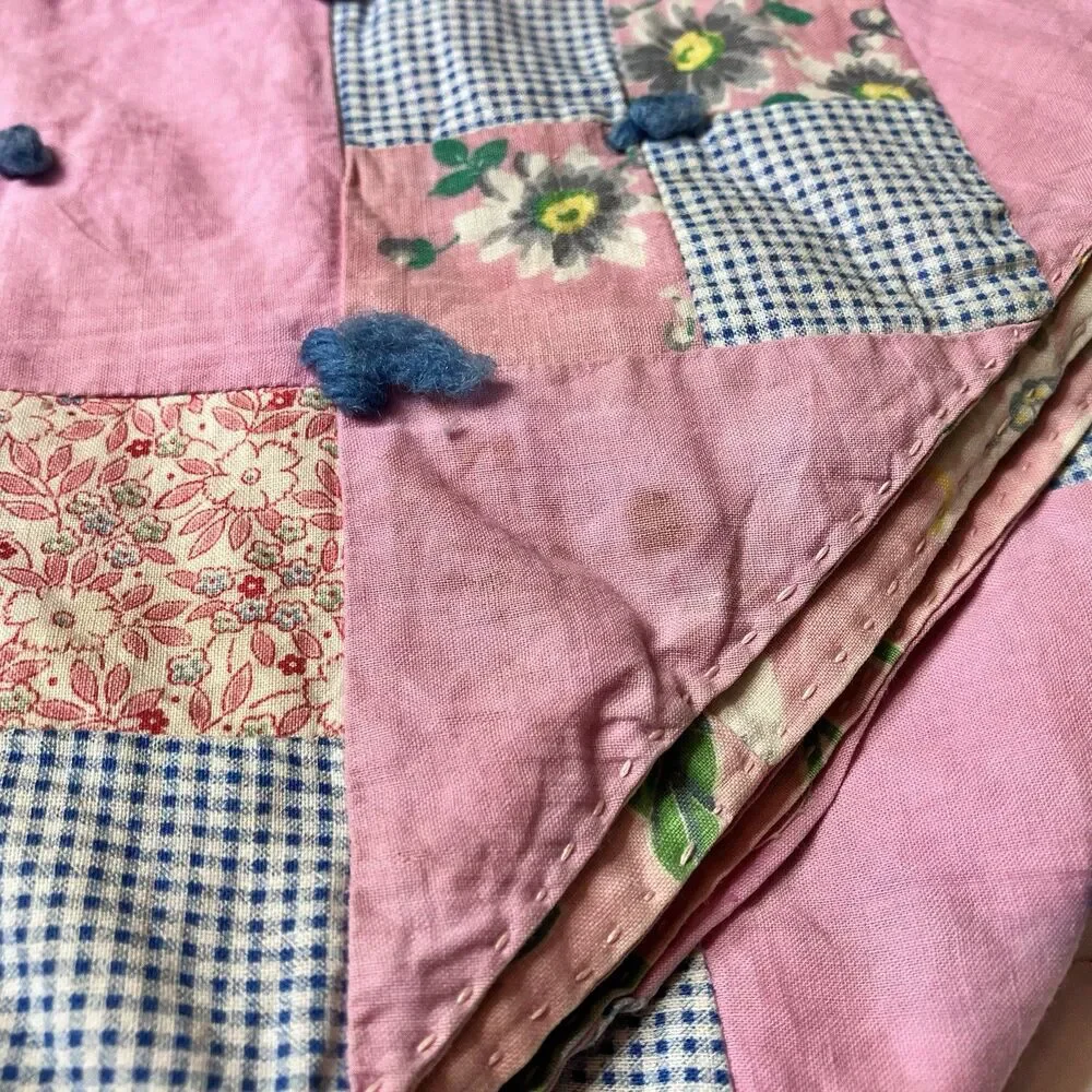 Vtg Handmade Baby Crib Quilt Blanket 48x48" Scrap Pink 4-Square Cotton Patchwork - Picture 9 of 9